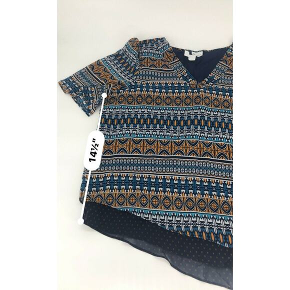 Stylus Womens Shirt Blouse Asymmetrical Hem Printed V-Neck Layered Blue Sz XL - Picture 4 of 5